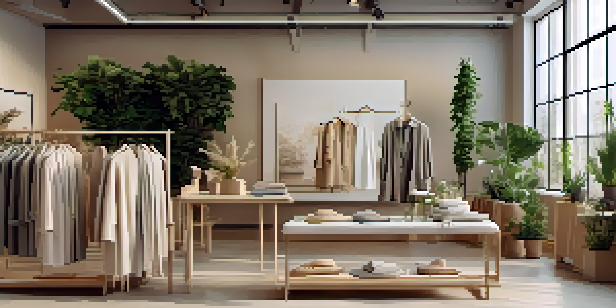 A boutique display featuring eco-friendly fashion items made from organic cotton and recycled materials, with soft natural lighting and plants in the background.
