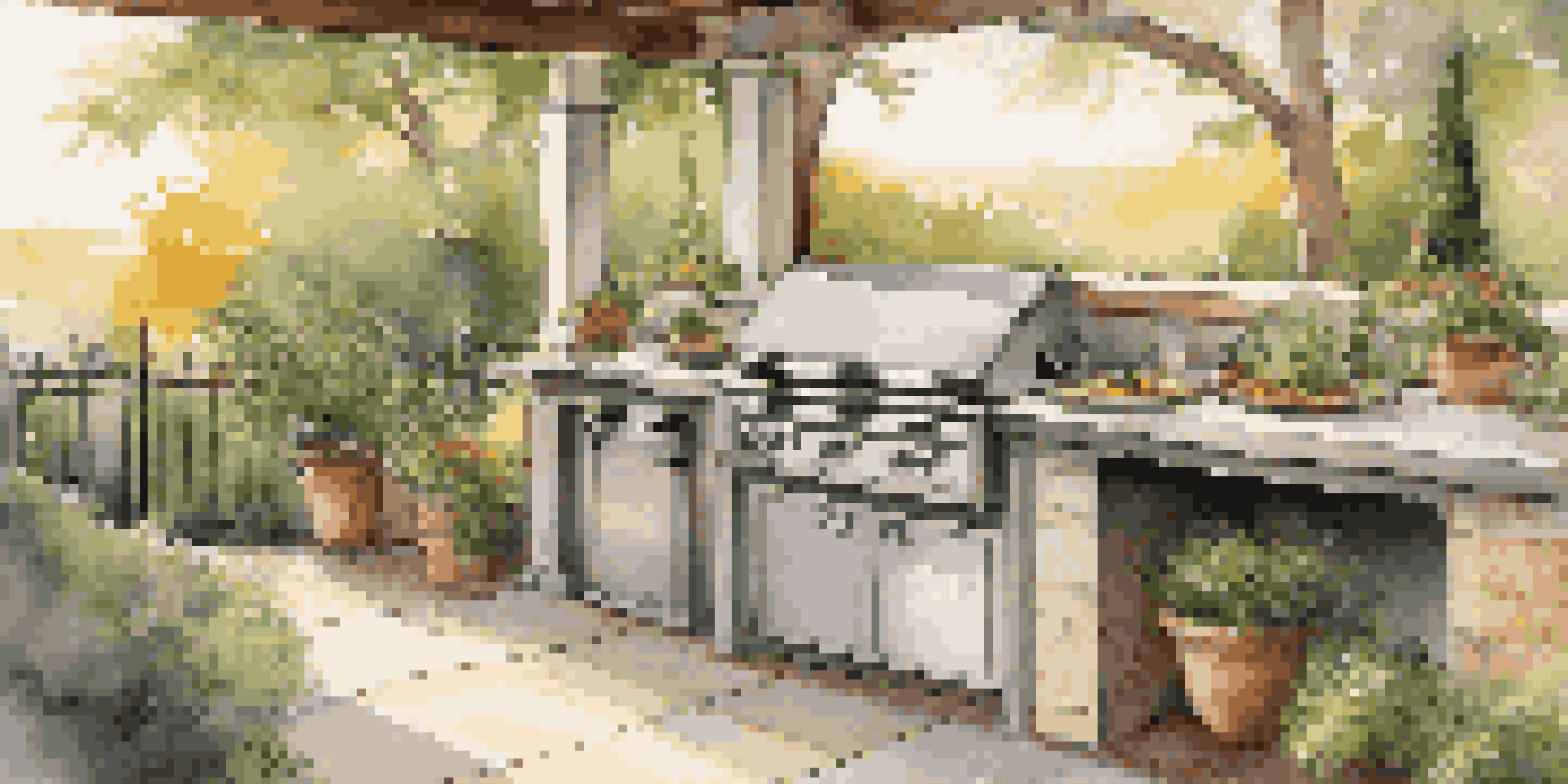 An elegant outdoor kitchen with stainless steel appliances and a stone countertop, surrounded by greenery during sunset.
