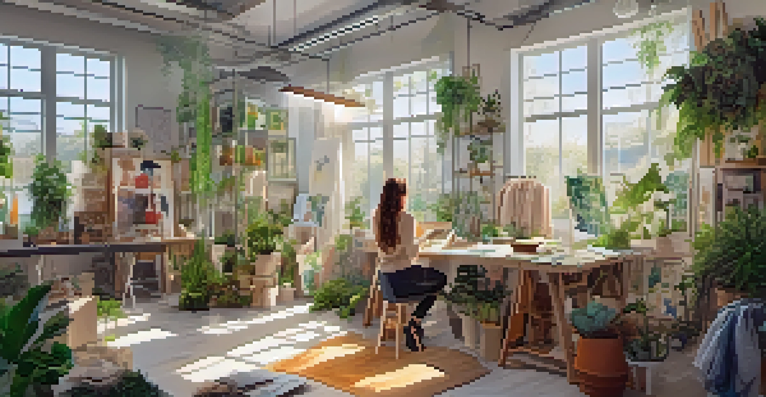 A designer in a bright studio with eco-friendly fabrics and sketches, surrounded by plants and sunlight.