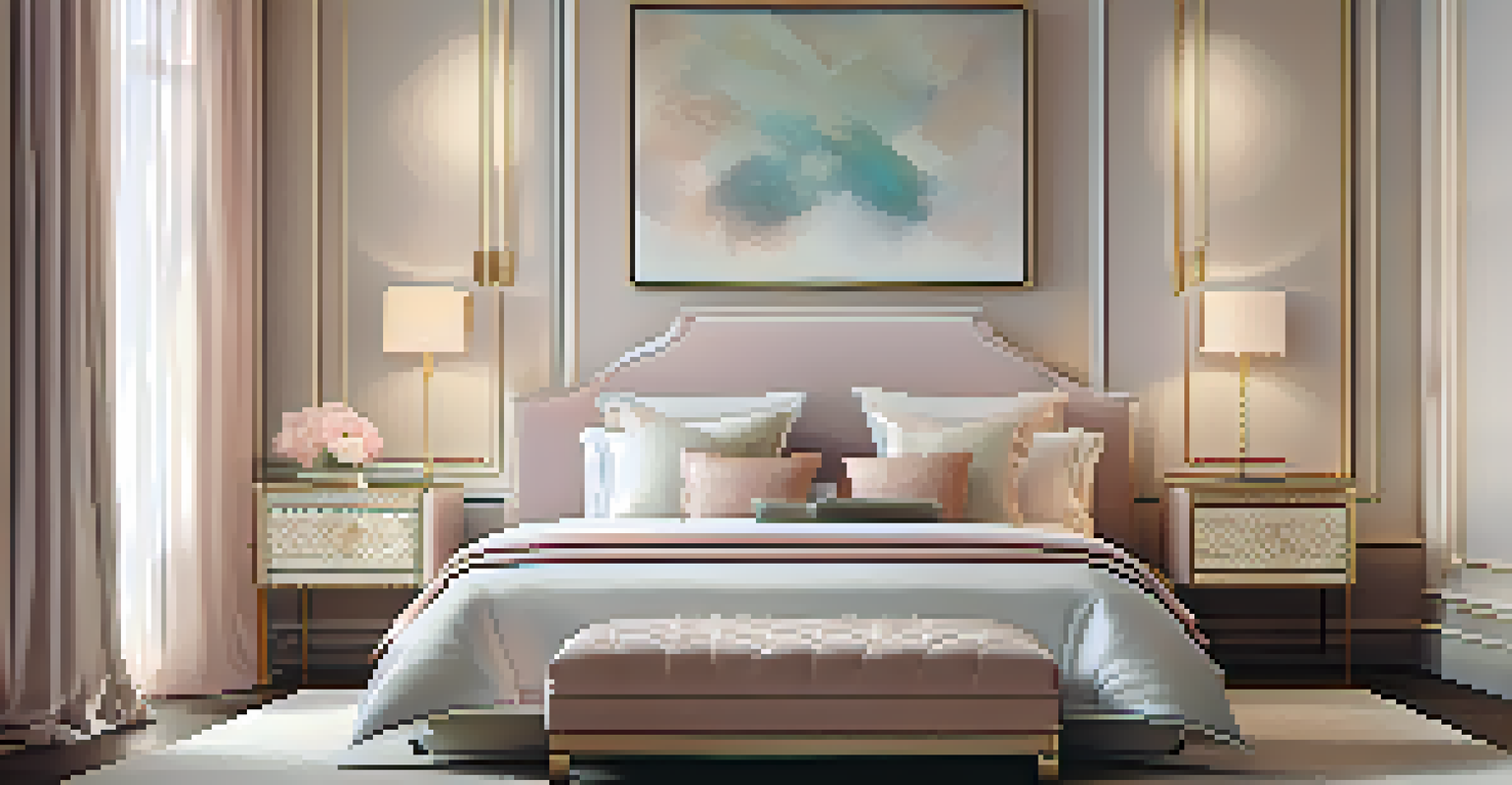 A tranquil bedroom with a luxury fragrance on a nightstand, soft pastel colors, and light filtering through delicate curtains.