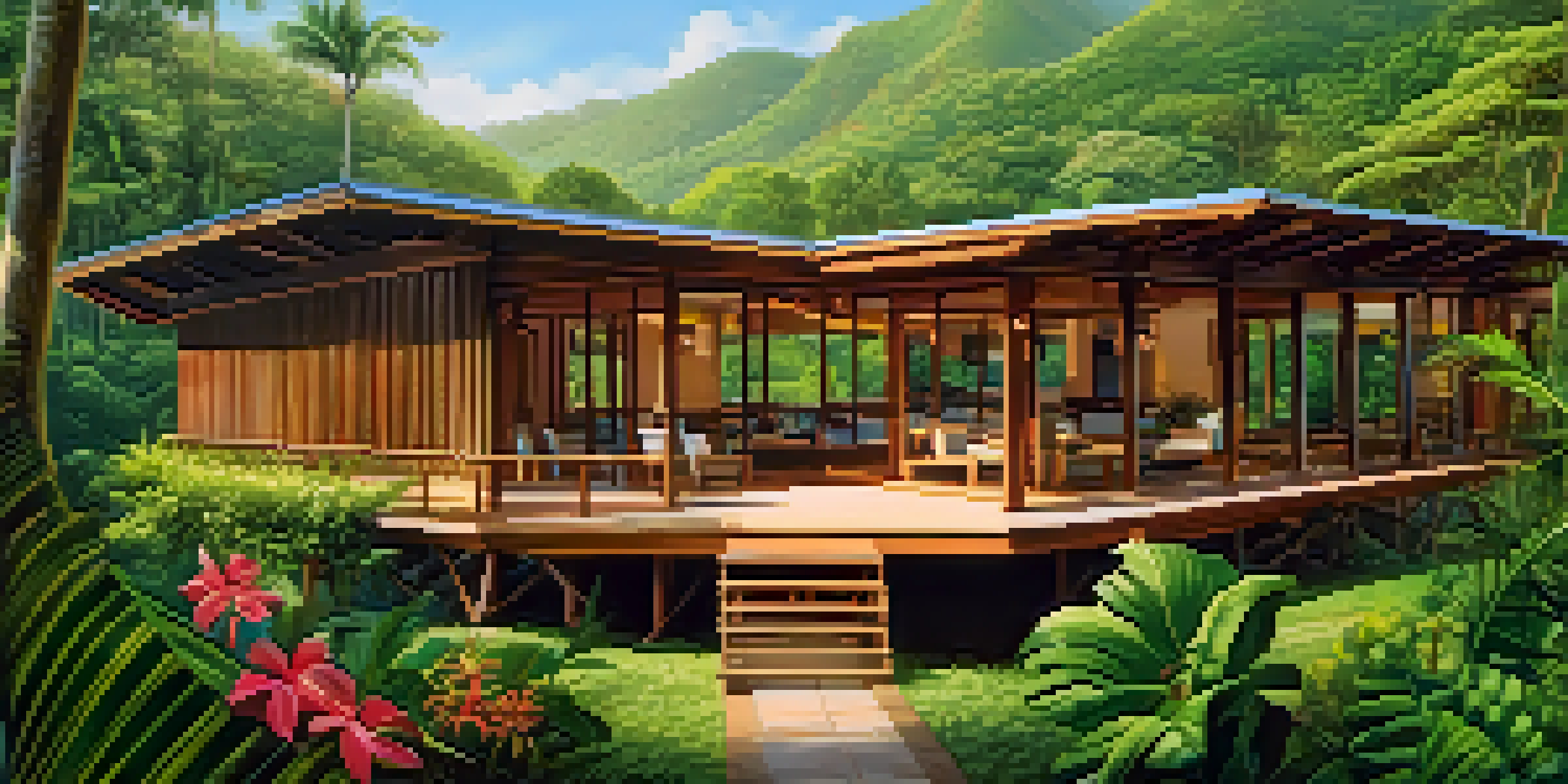 A luxurious eco-lodge surrounded by a lush rainforest in Costa Rica, with vibrant flowers and mountains in the background.