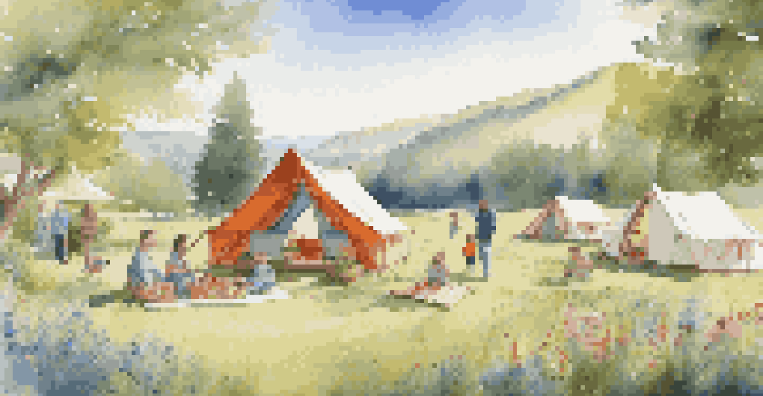 A family enjoying a glamping site in a meadow, with children playing and parents relaxing on a picnic blanket surrounded by flowers.