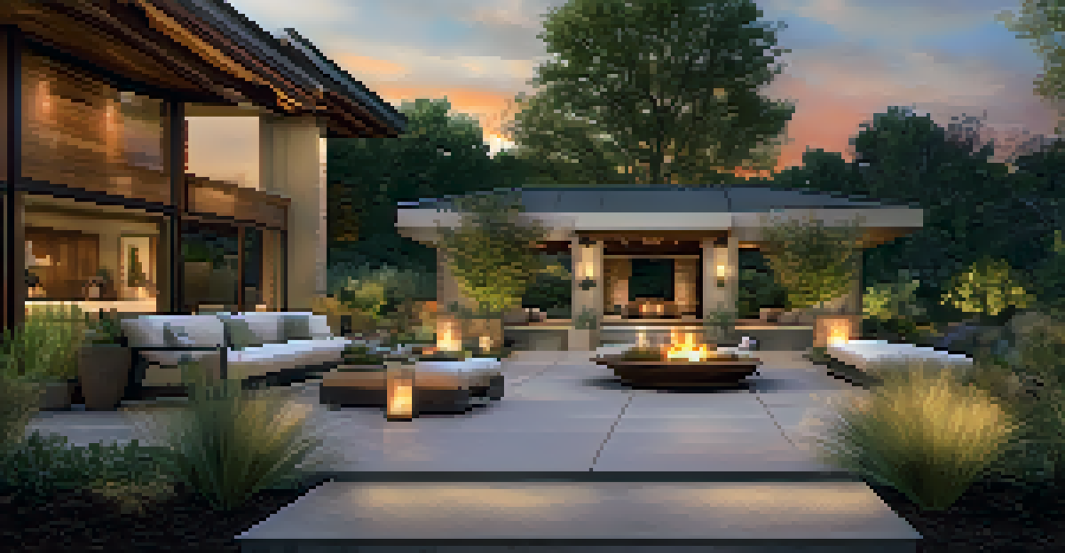 An outdoor patio with drought-resistant landscaping and native plants, highlighting the integration of nature in luxury living.