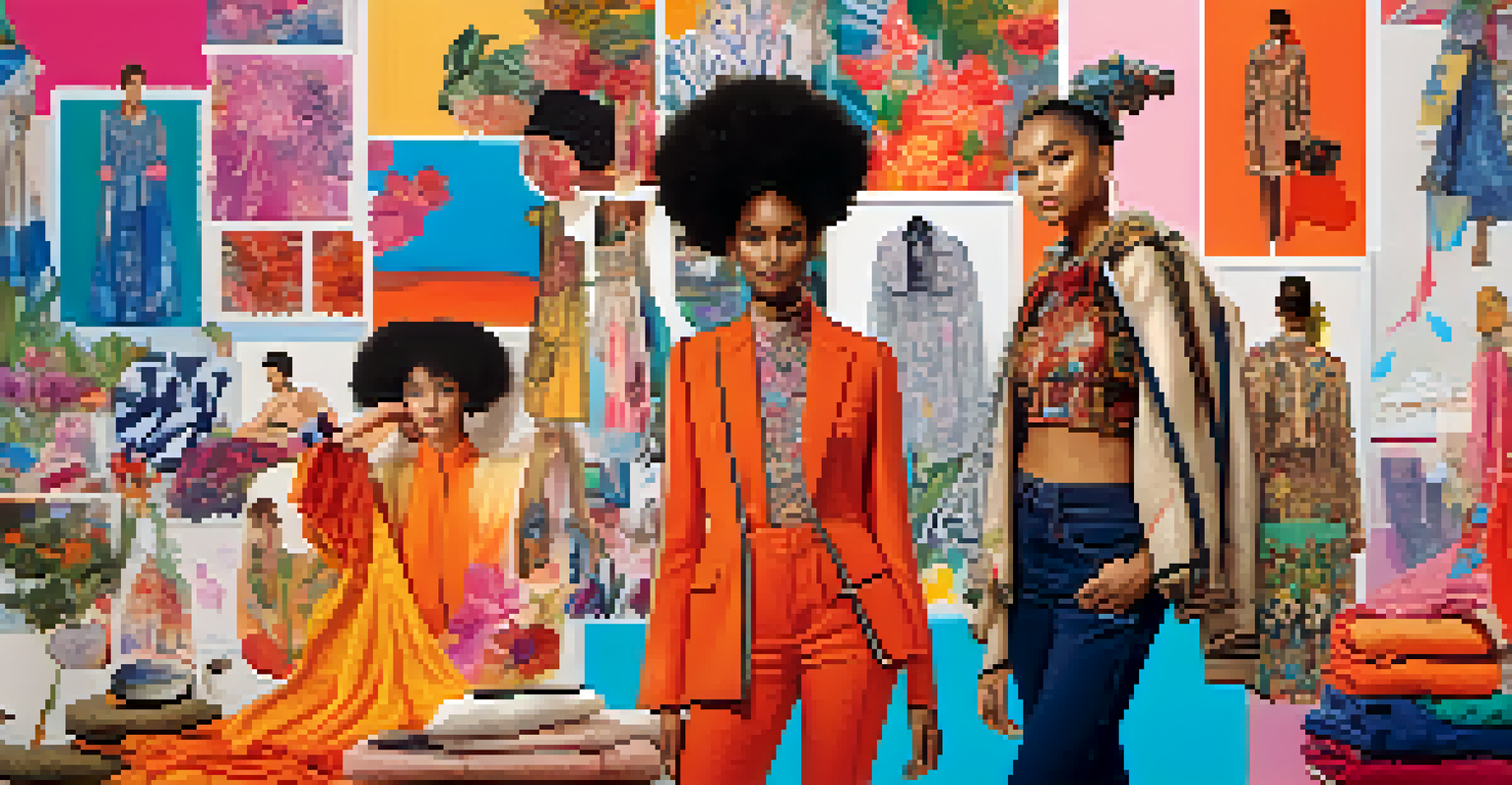 A collage of fashion design sketches from international artists, showcasing vibrant colors, textures, and cultural motifs, surrounded by fabric swatches and paint brushes.