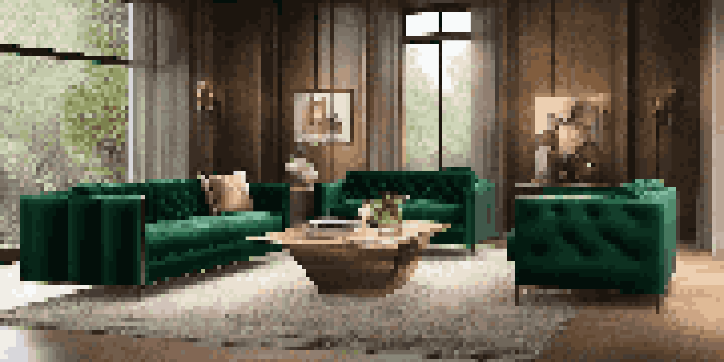 A luxurious living room with a velvet sofa, glass coffee table, and wooden accent wall, illuminated by warm lighting.