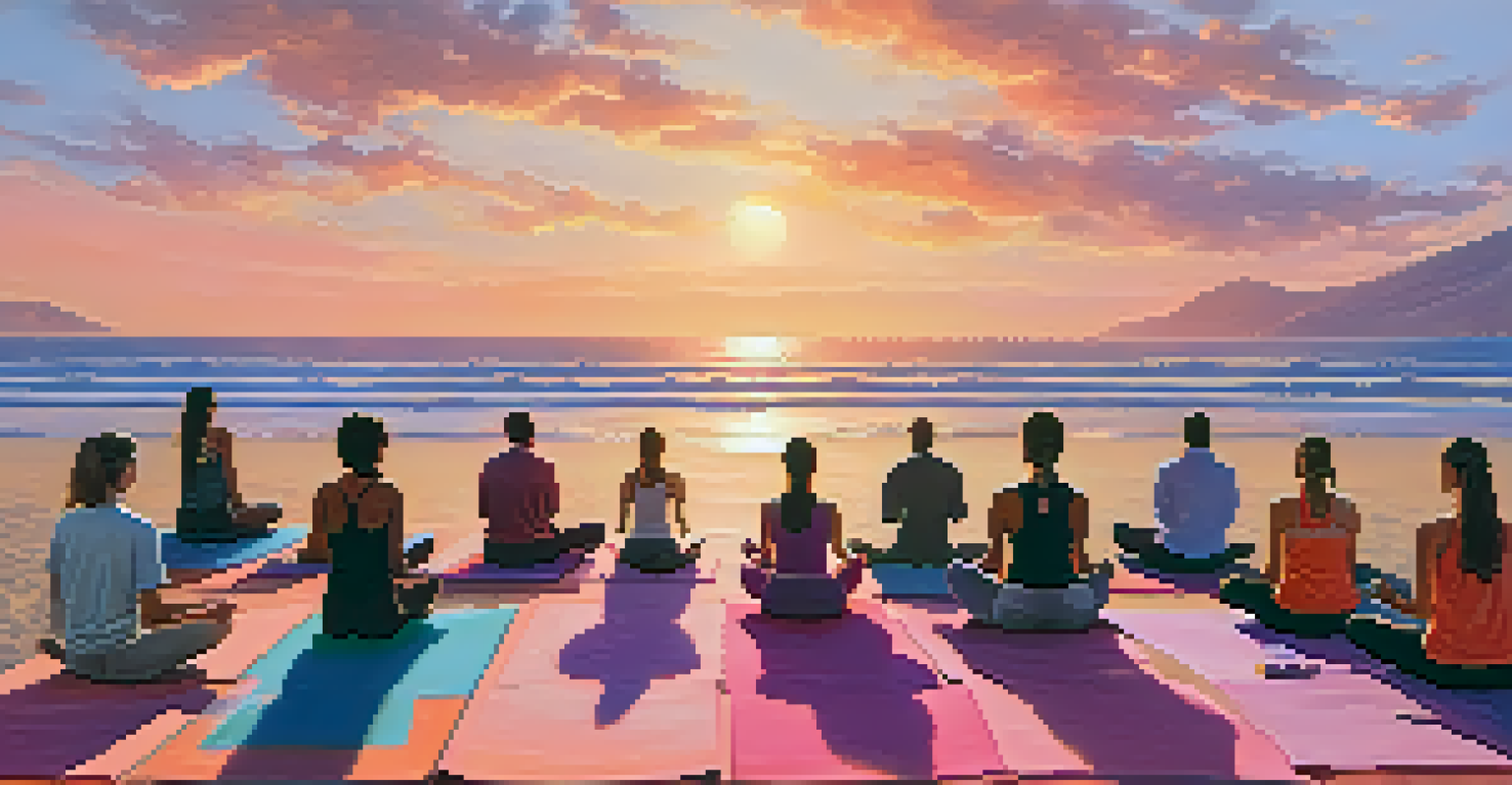 An outdoor yoga class on a beach at sunset, with people practicing yoga on colorful mats against the backdrop of a colorful sky.