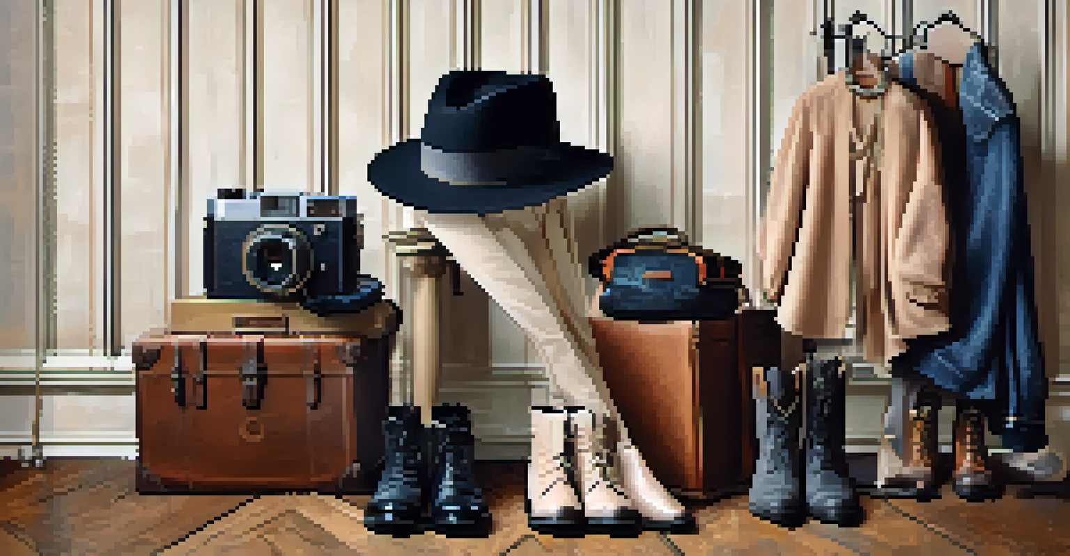A flat lay of vintage clothing items including a flapper dress and oversized trousers on a wooden surface.