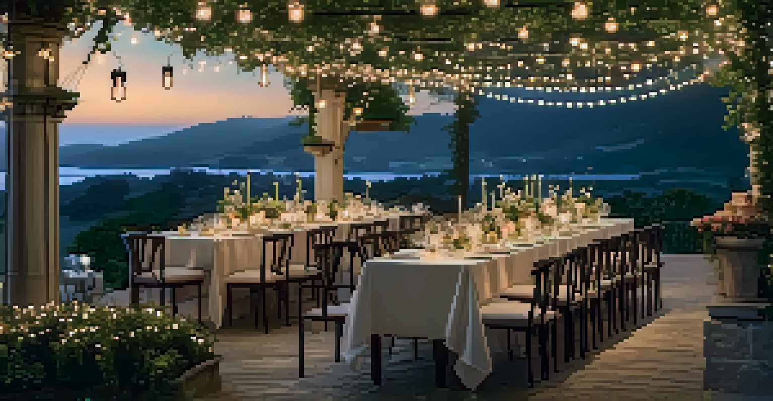 An outdoor elegant dining setting with fairy lights, fine china, and gourmet food overlooking a beautiful landscape.