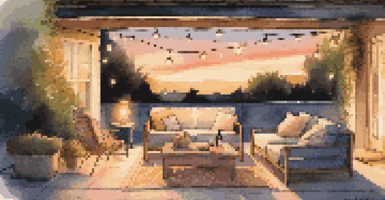 A luxurious outdoor patio with lounge chairs and a smart speaker, illuminated by fairy lights as the sun sets.