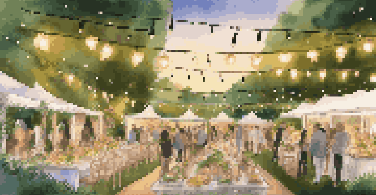 An outdoor luxury event in a lush garden with hanging decorations, fairy lights, and guests enjoying delicious food stations.