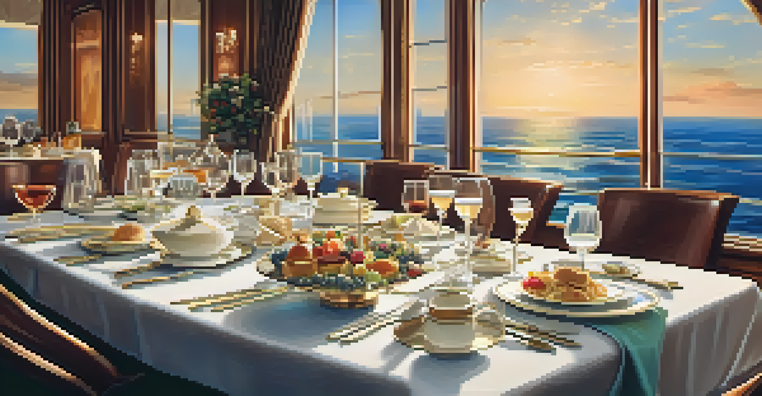 An elegantly set dining table on a luxury cruise ship with gourmet food and a sunset ocean view.