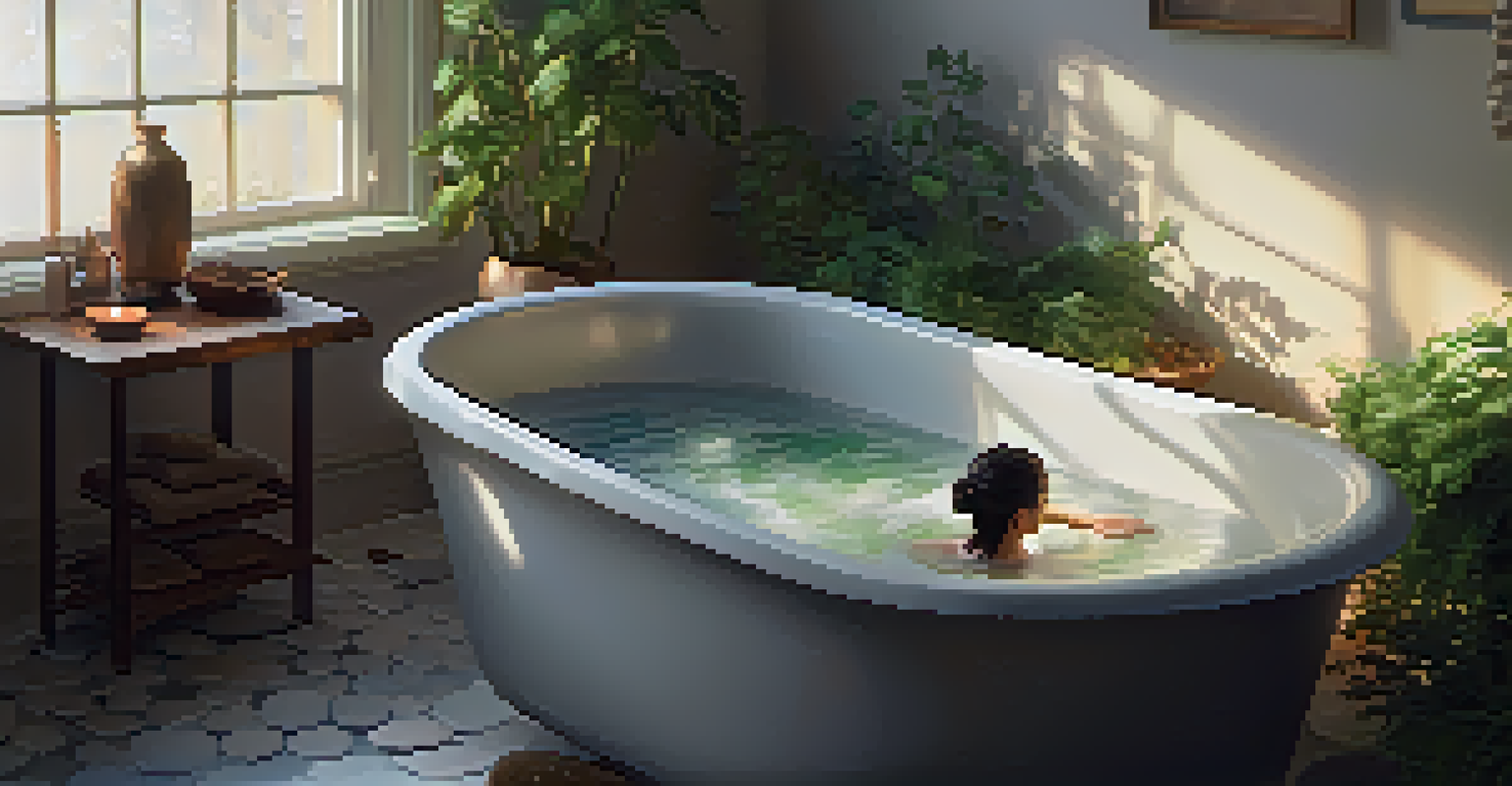 A person in a bathtub practicing mindfulness, surrounded by natural elements and warm sunlight.