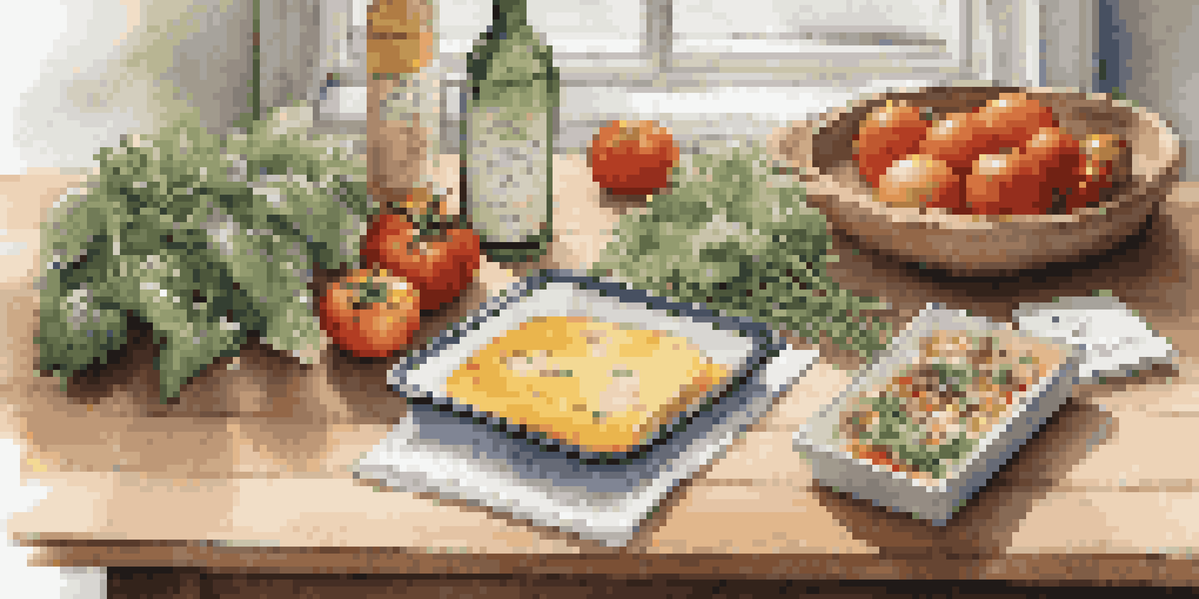 A gourmet meal kit with fresh ingredients including tomatoes and herbs, displayed on a wooden table with natural light.