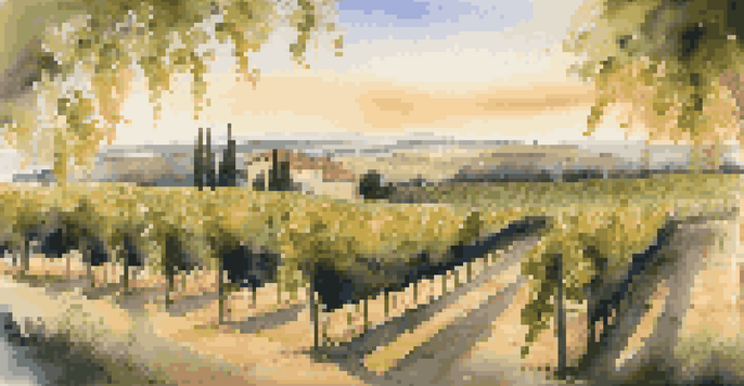 A picturesque vineyard in Bordeaux at sunset with grapevines, a wooden table set for a wine tasting, and gourmet cheeses.