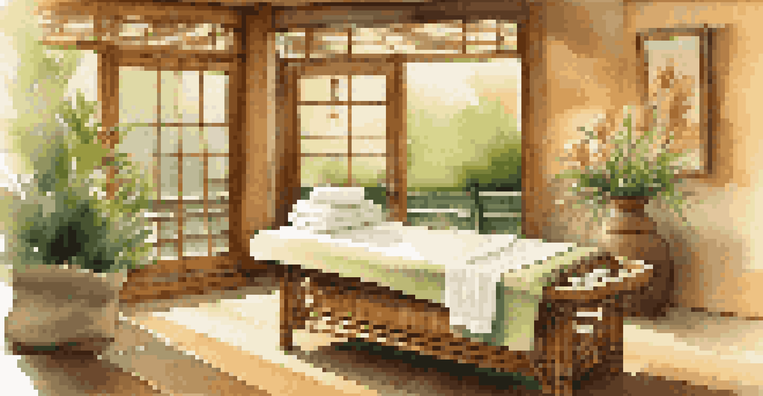 A luxurious spa room filled with natural light, featuring a massage table, fresh flowers, and bamboo decor.