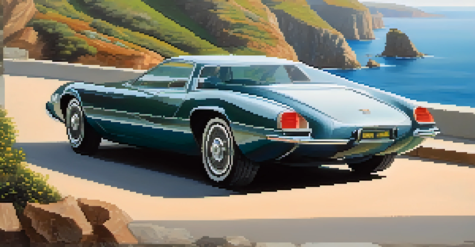 A luxurious car parked on a coastal road with cliffs and ocean in the background, illuminated by soft sunlight.