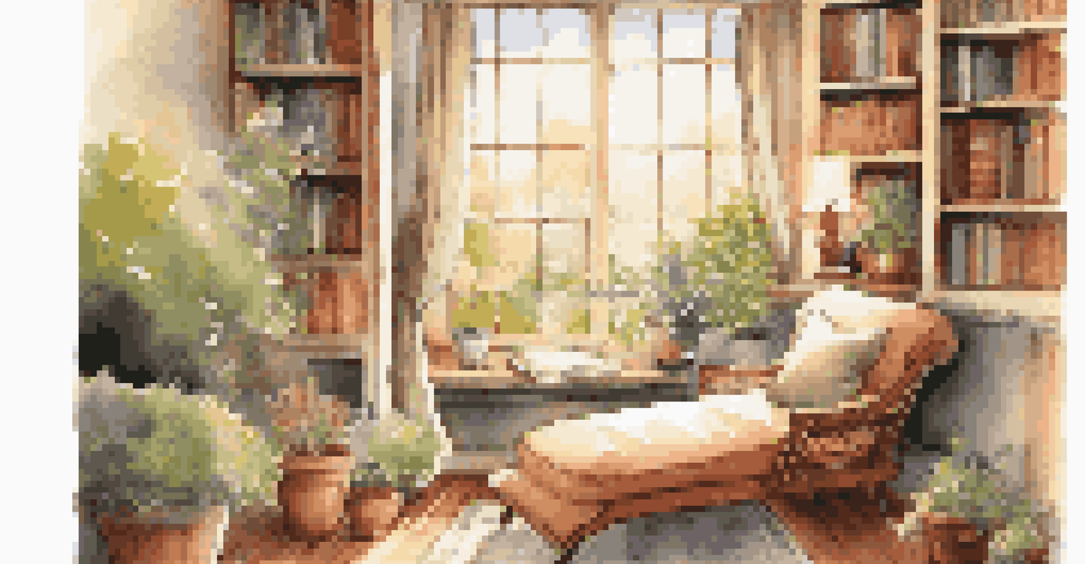 A reading corner with a comfortable chaise lounge and a bookshelf, illuminated by soft lighting, overlooking a tranquil garden.