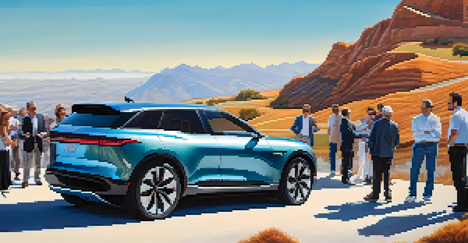 Attendees exploring an electric vehicle at a luxury automotive test drive event, surrounded by beautiful scenery.