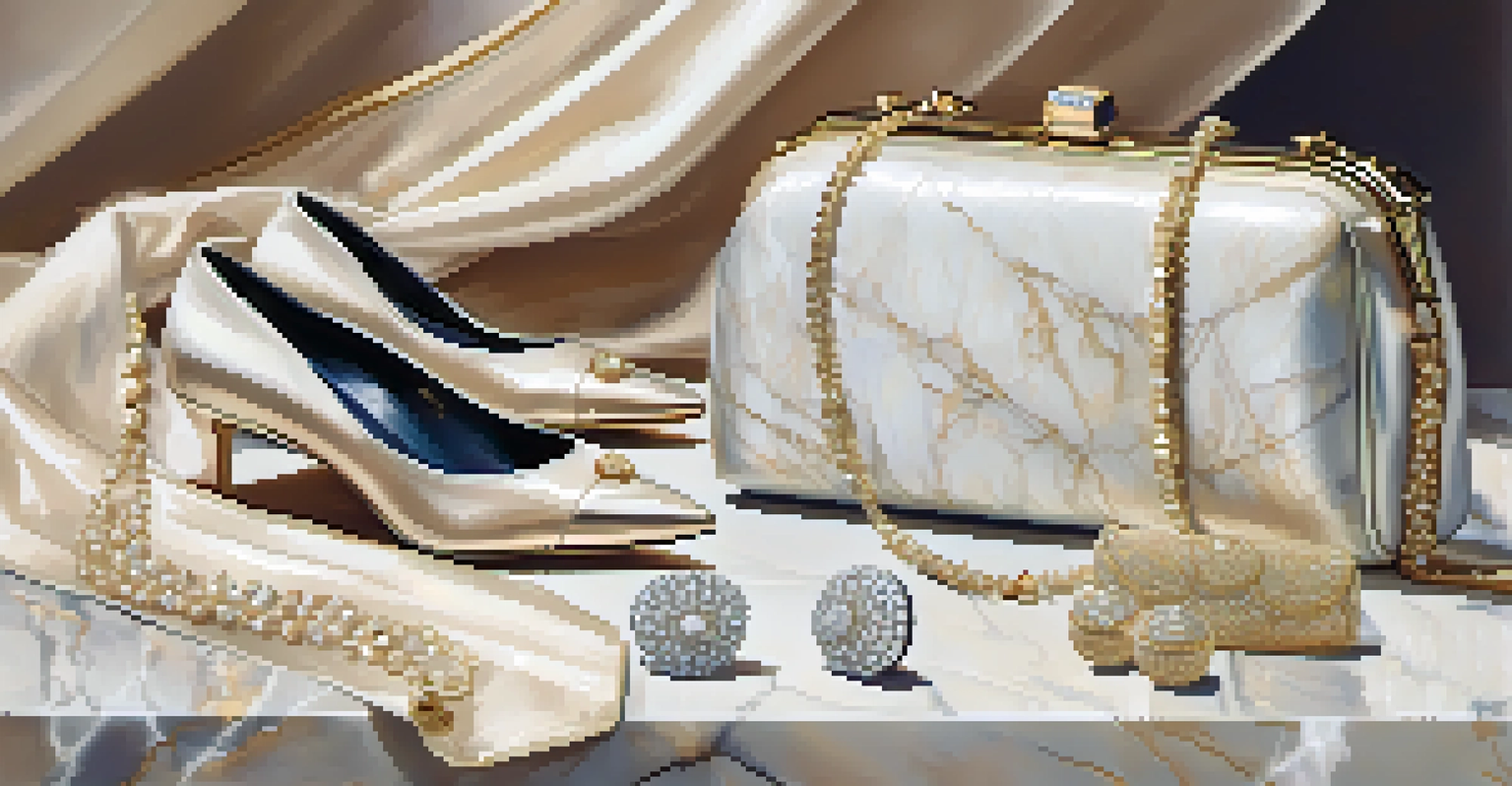 A flat lay image of haute couture accessories including a jeweled clutch, high heels, and a silk scarf on a marble surface.