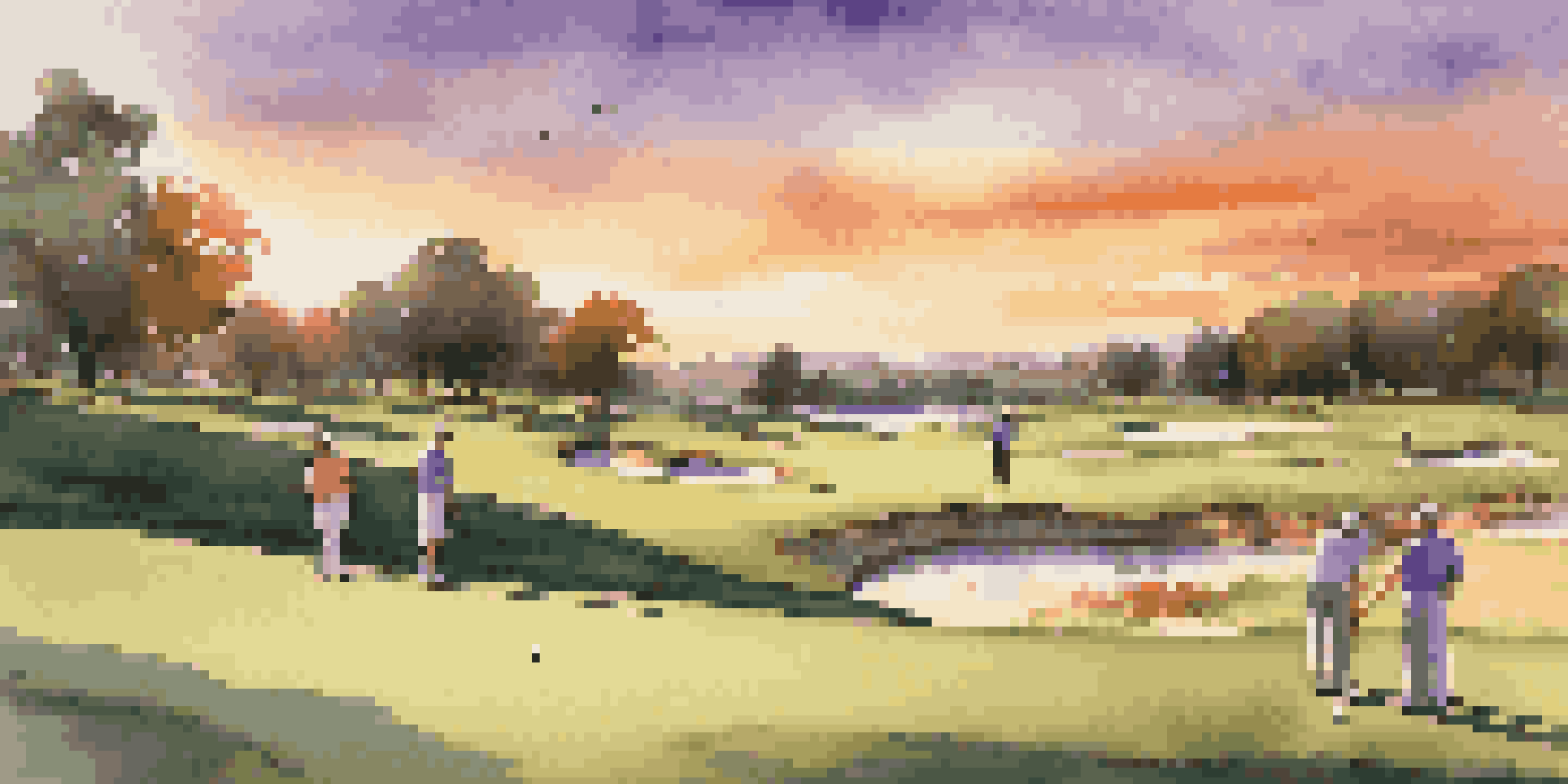A picturesque golf course at sunset with members enjoying their game, surrounded by vibrant colors in the sky.