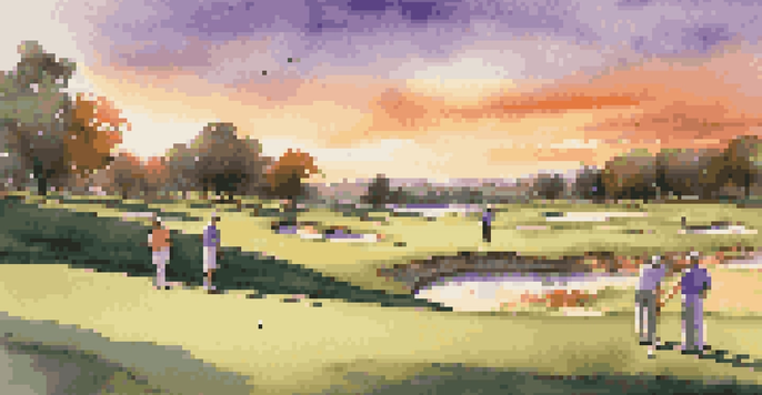 A picturesque golf course at sunset with members enjoying their game, surrounded by vibrant colors in the sky.