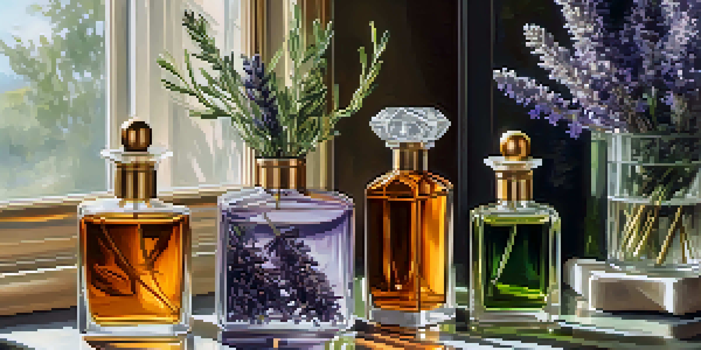An elegant display of luxury home fragrance bottles with essential oils, surrounded by lavender and eucalyptus, illuminated by soft natural light.