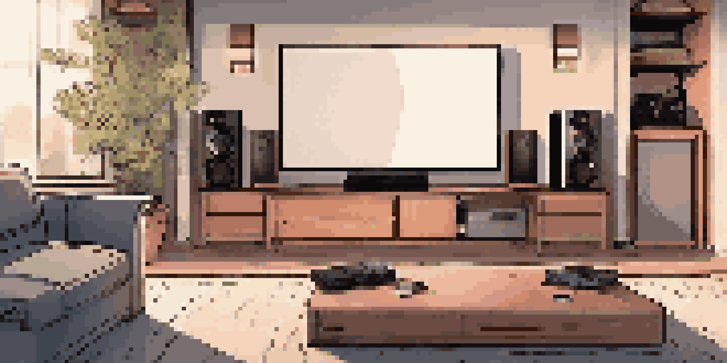 A well-organized home theater with neatly managed cables and soft ambient lighting.