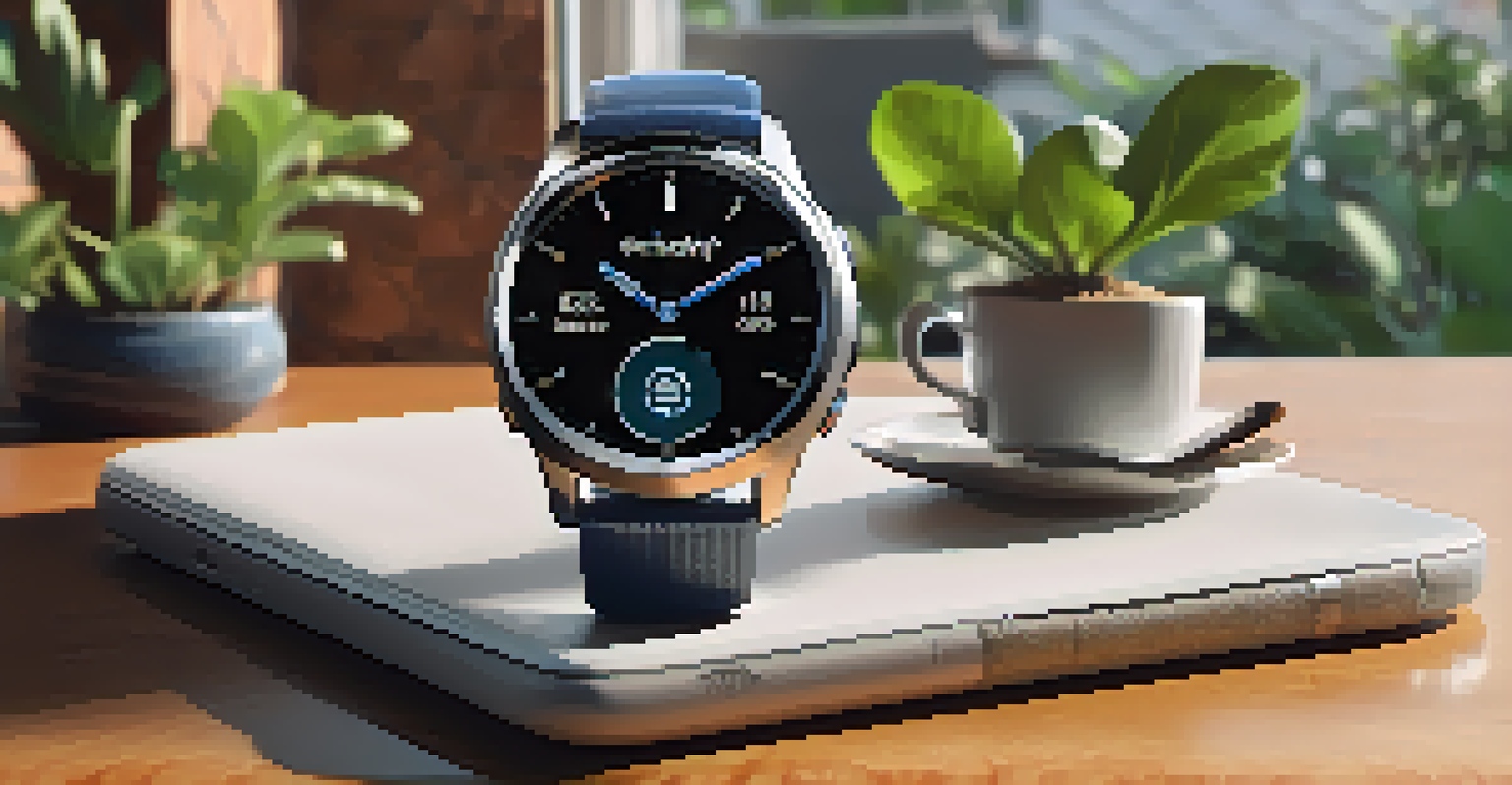 A luxury smartwatch on a patio table next to a plant and a cup of coffee, displaying a health tracking interface.
