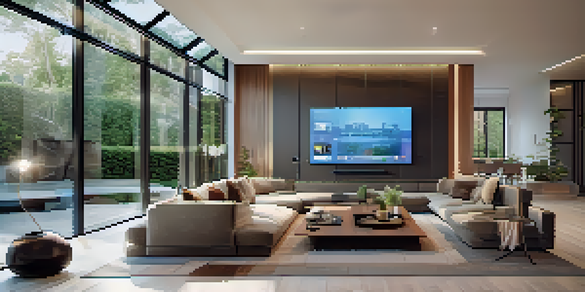 A modern luxury home interior with automated lighting and a view of a lush garden, showcasing advanced technology.