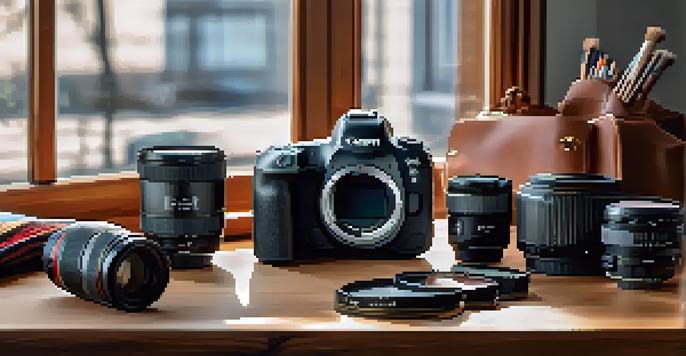 A Canon EOS R5 camera on a wooden table with photography accessories, illuminated by soft natural light.