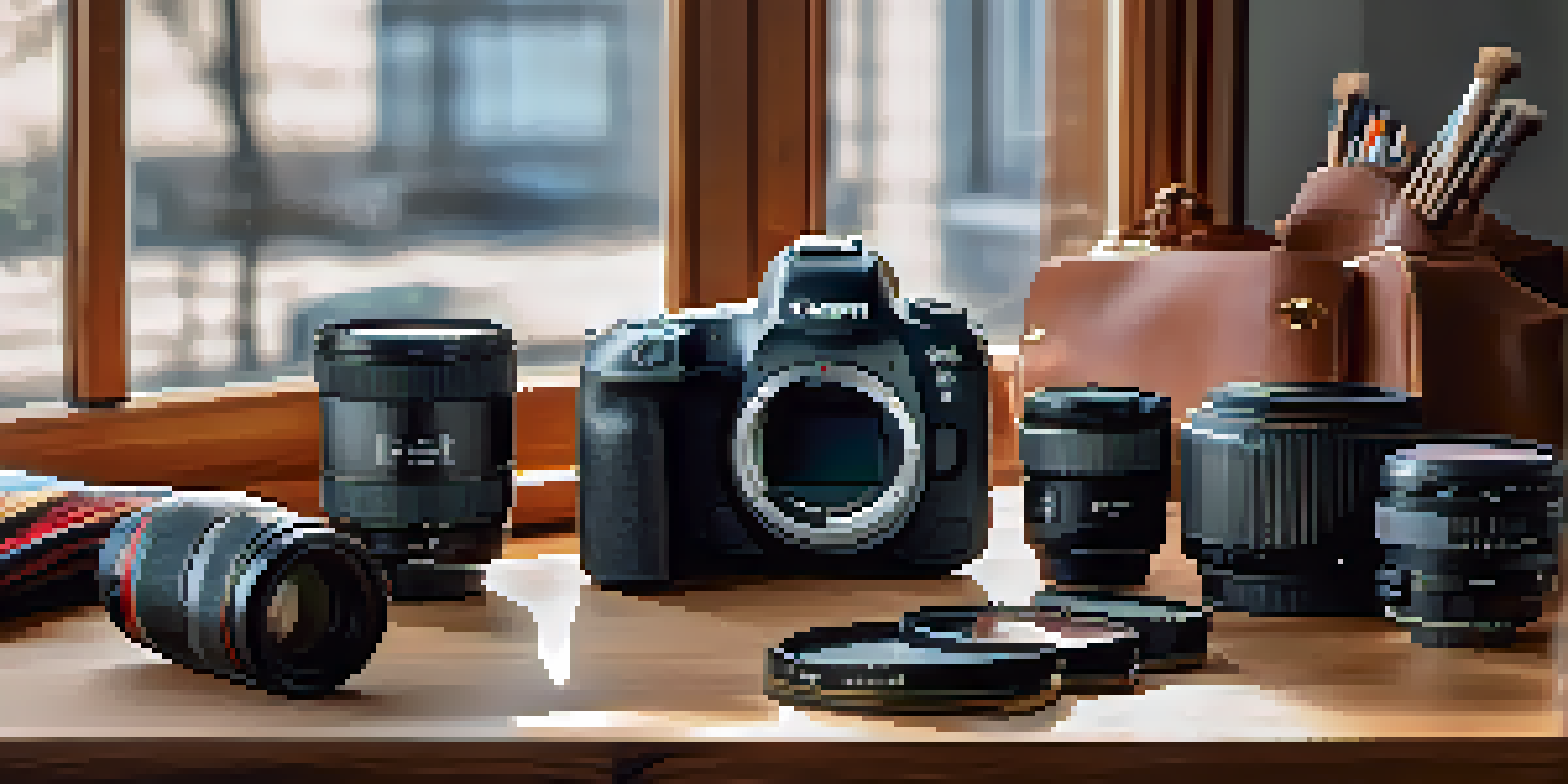 A Canon EOS R5 camera on a wooden table with photography accessories, illuminated by soft natural light.