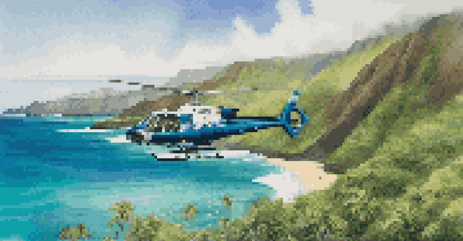Helicopter flying over the stunning Hawaiian coastline, showcasing turquoise waters and green cliffs.