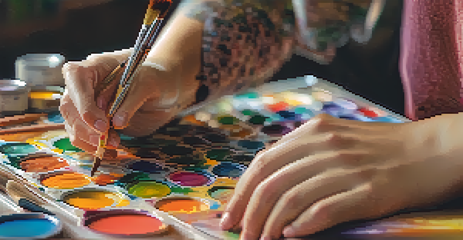 An artist's hand painting on a canvas with vibrant colors in a well-lit art studio.