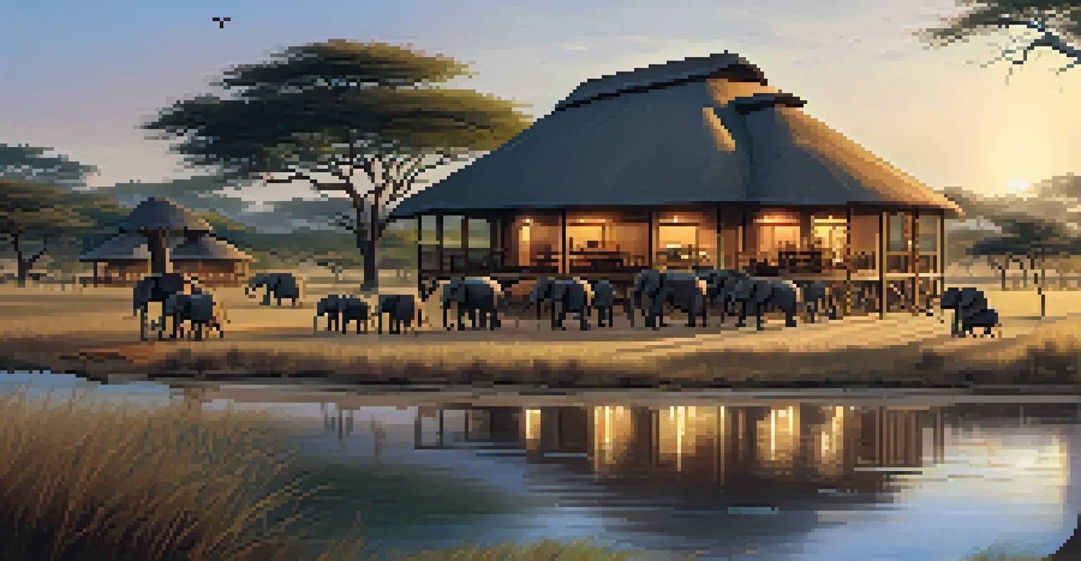 A luxury lodge in the African savanna with a view of elephants at a waterhole during sunset, surrounded by acacia trees.