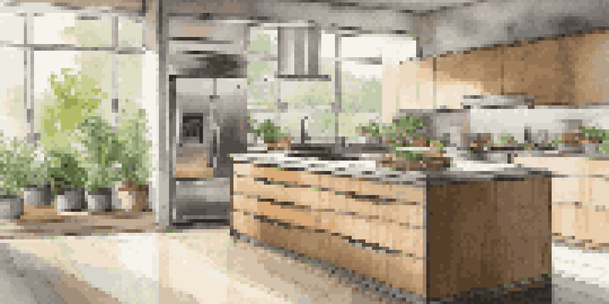 A contemporary kitchen showcasing a stylish energy-efficient refrigerator surrounded by eco-friendly materials and natural light.