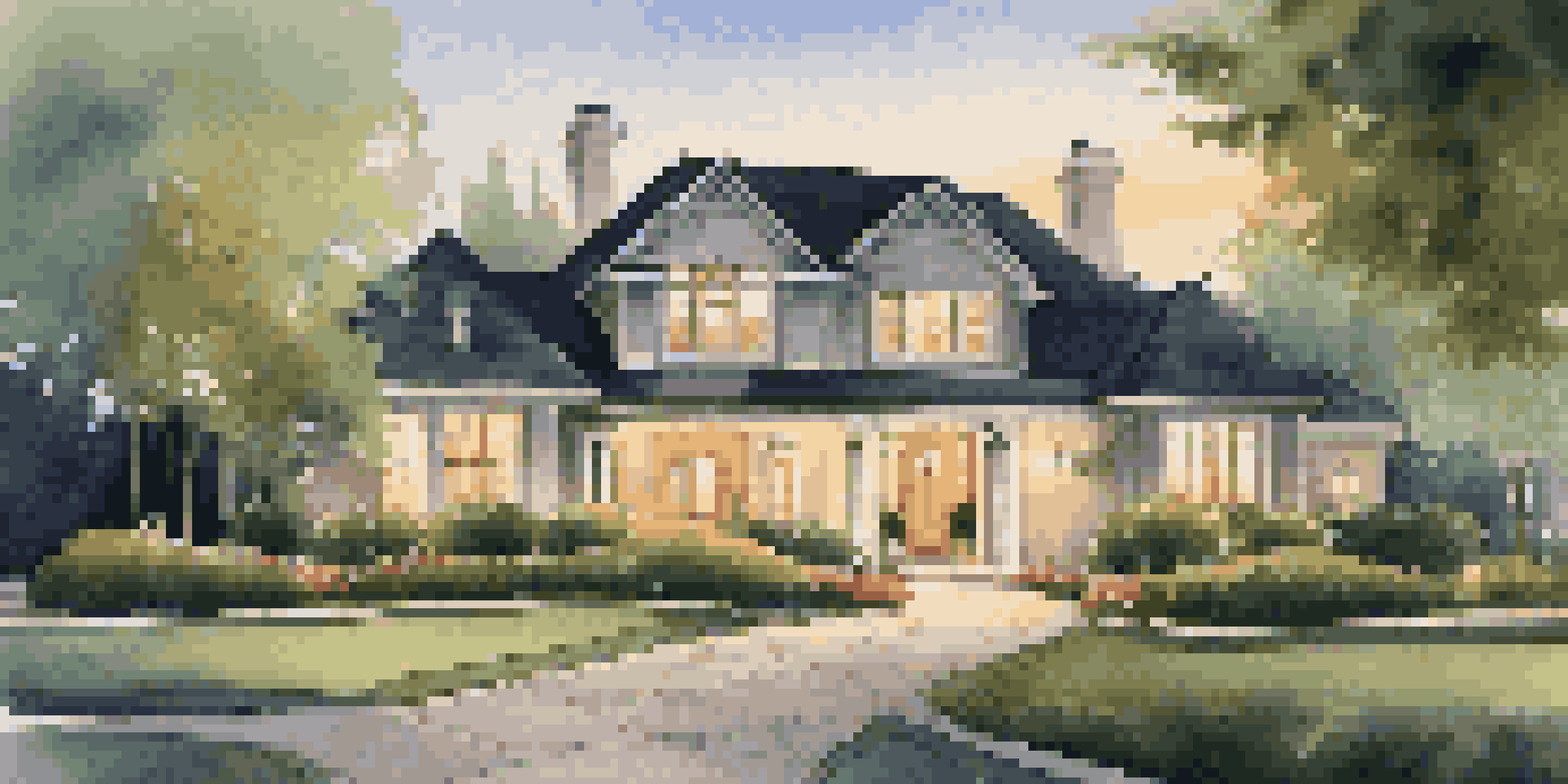 A luxurious home with trimmed hedges and outdoor lighting at dusk, showcasing a secure and inviting environment.