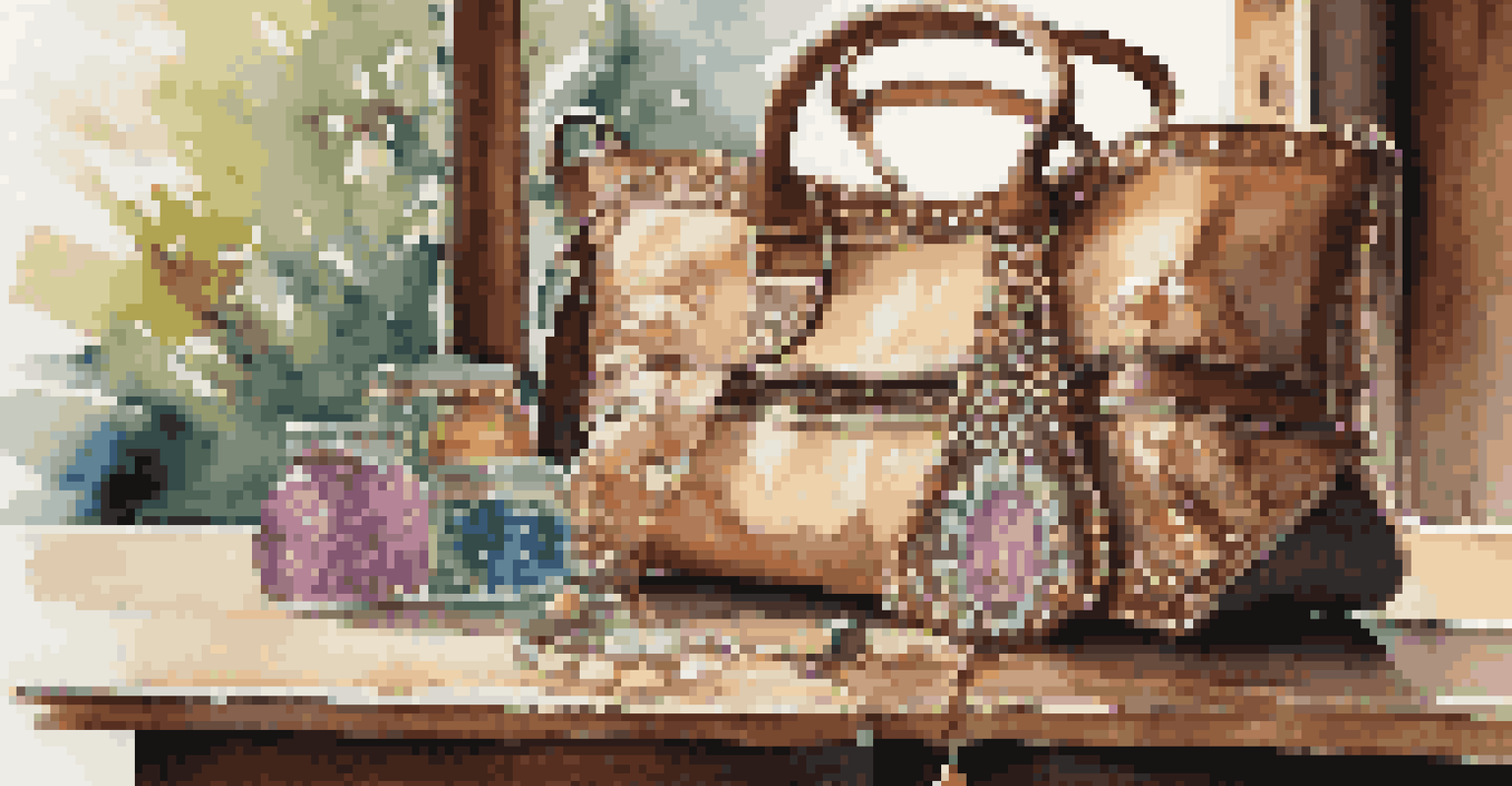 A close-up of eco-friendly luxury fashion items on a wooden table, showcasing their textures and designs.