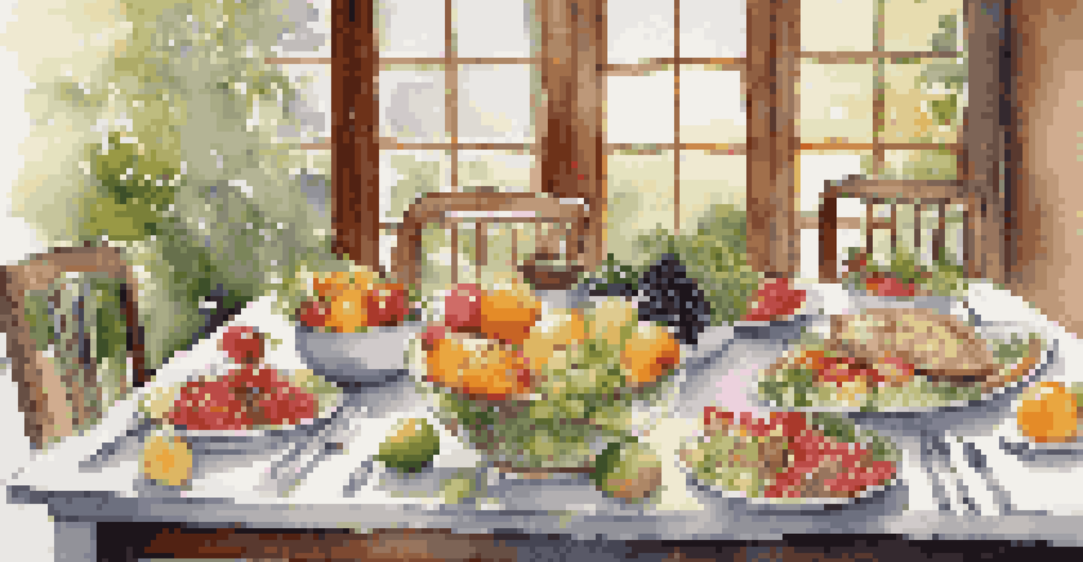 A dining table set with an array of colorful healthy dishes, fruits, and vegetables, illuminated by soft natural light.