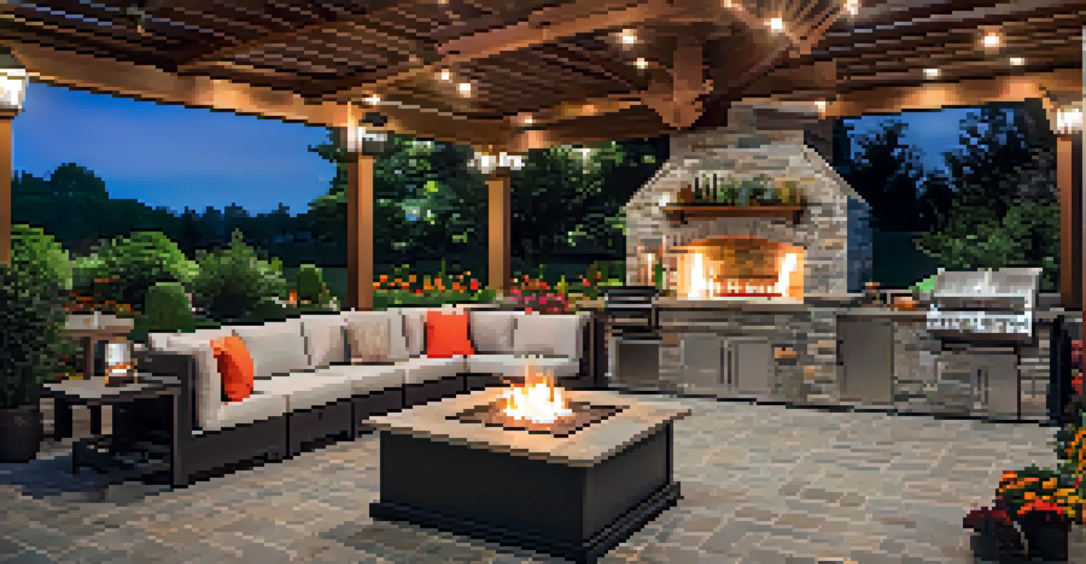 A luxurious outdoor patio with an outdoor kitchen, seating area, and fire pit, surrounded by colorful flowers and greenery.