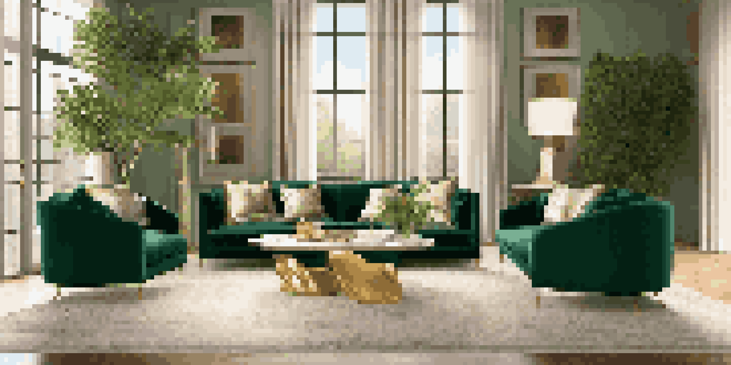 A luxurious living room with a deep emerald green velvet sofa, marble coffee table, and large windows letting in natural light.