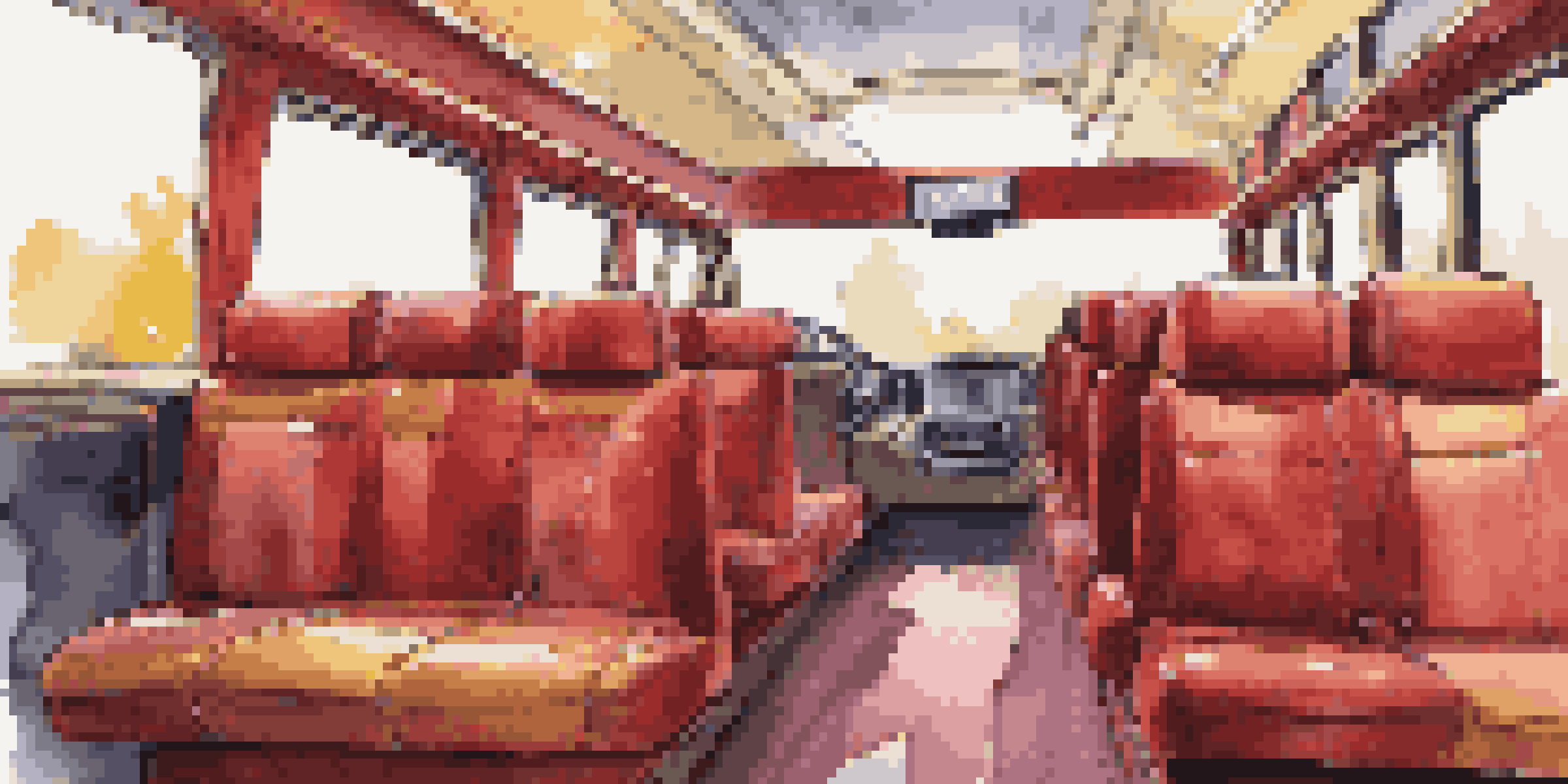 Interior of a luxurious chartered bus with plush seating, large windows, and ambient lighting.