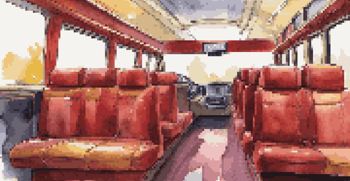 Interior of a luxurious chartered bus with plush seating, large windows, and ambient lighting.