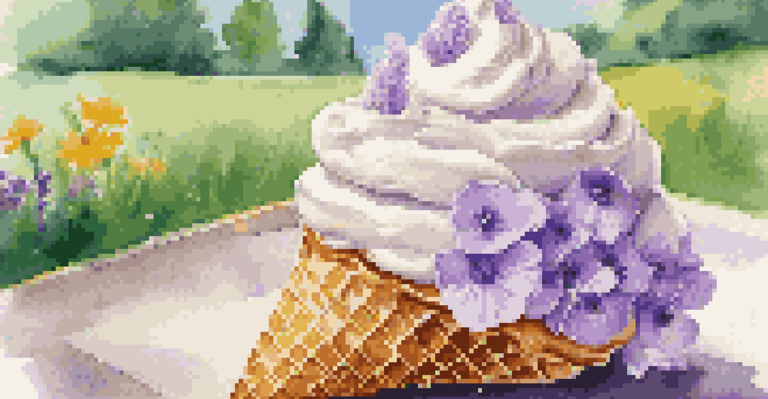 A close-up of a soft-serve ice cream cone with lavender honey ice cream and edible flowers in a sunny park setting.