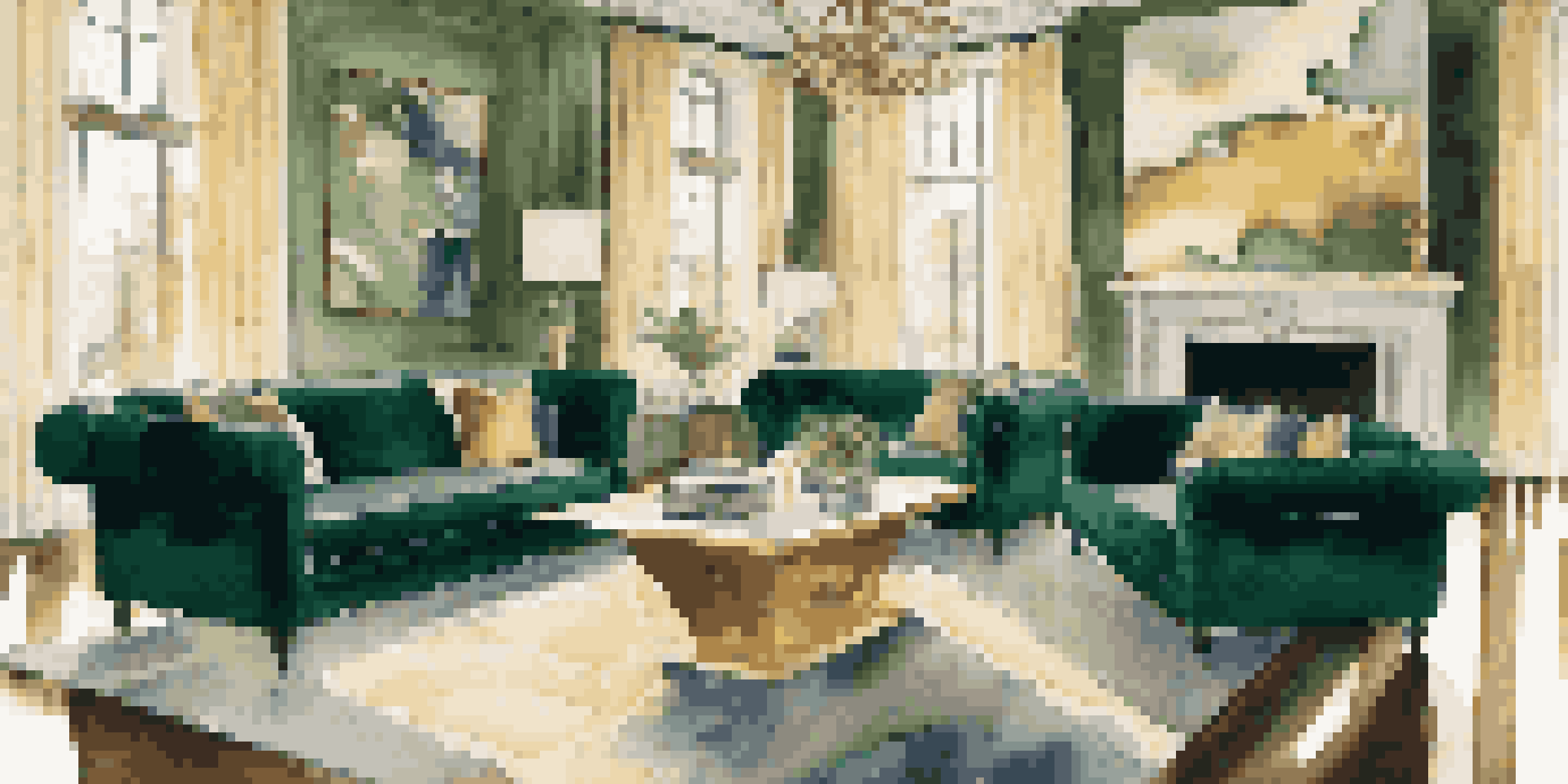 A spacious living room with an emerald green velvet sofa, cream cushions, and a large abstract painting, illuminated by sunlight from big windows.