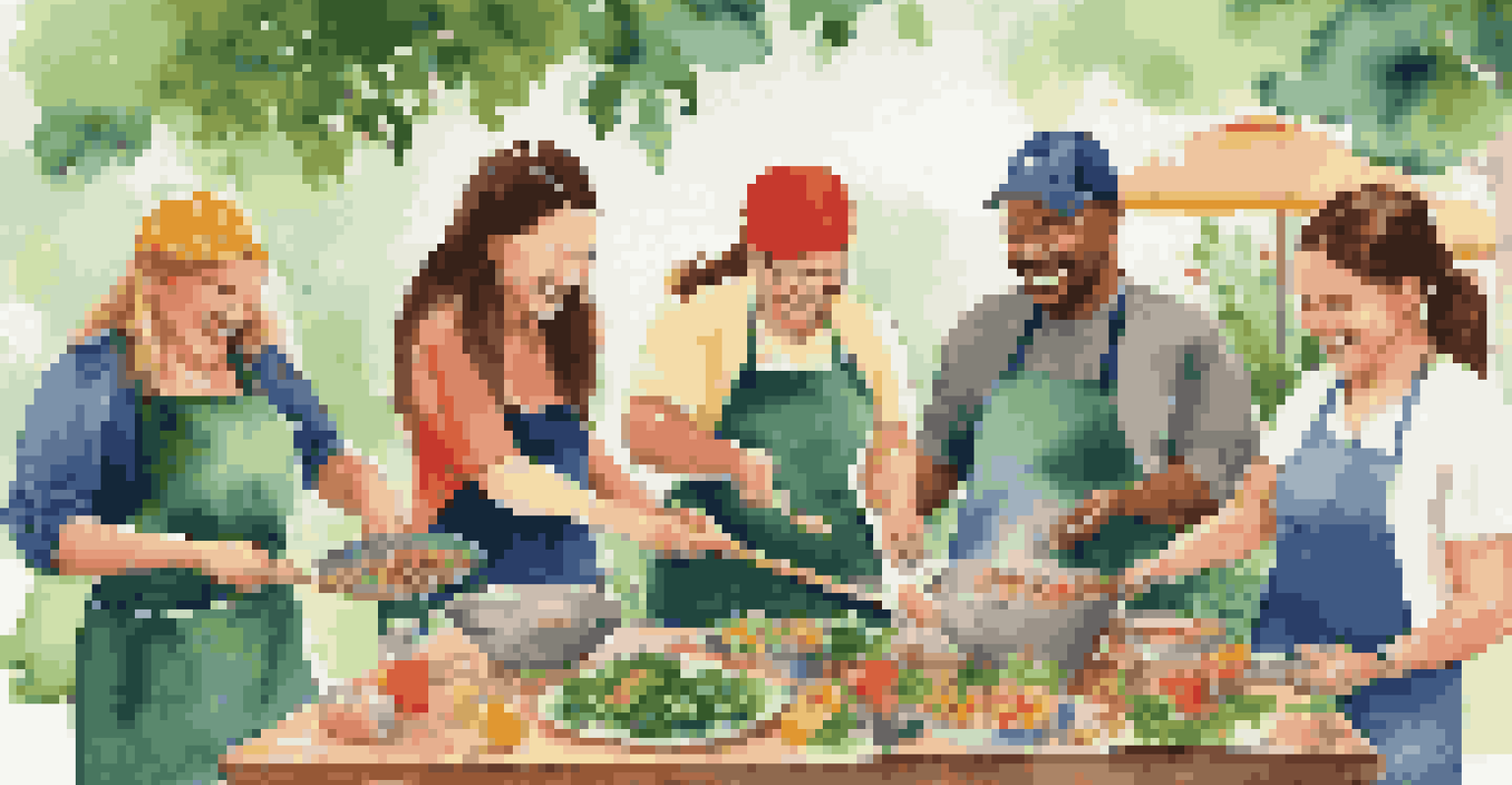 A group of people enjoying a cooking class outdoors, showcasing teamwork and fun.