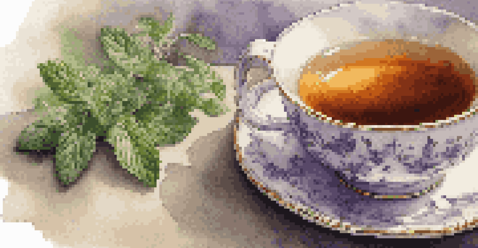 A close-up of a steaming cup of freshly brewed tea surrounded by loose-leaf tea and fresh herbs, showcasing the rich color and intricate details.