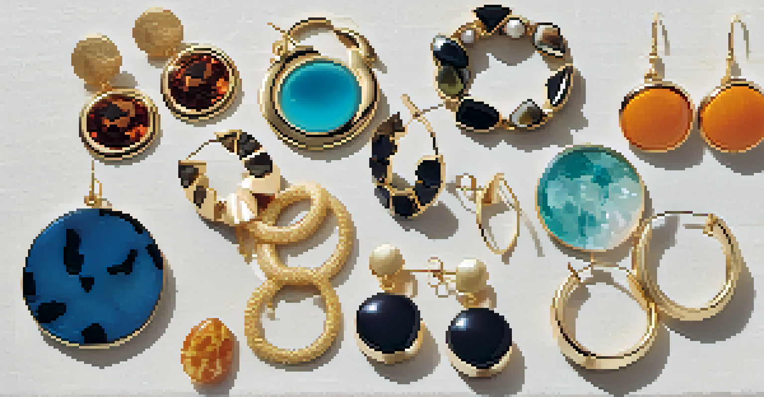 A flat lay of bold earrings on a textured fabric background, displaying a variety of styles and colors.