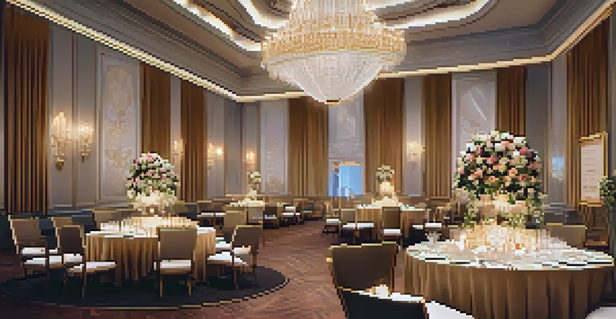 A lavish ballroom decorated for a VVIP event with a chandelier, elegant tables, and soft lighting.