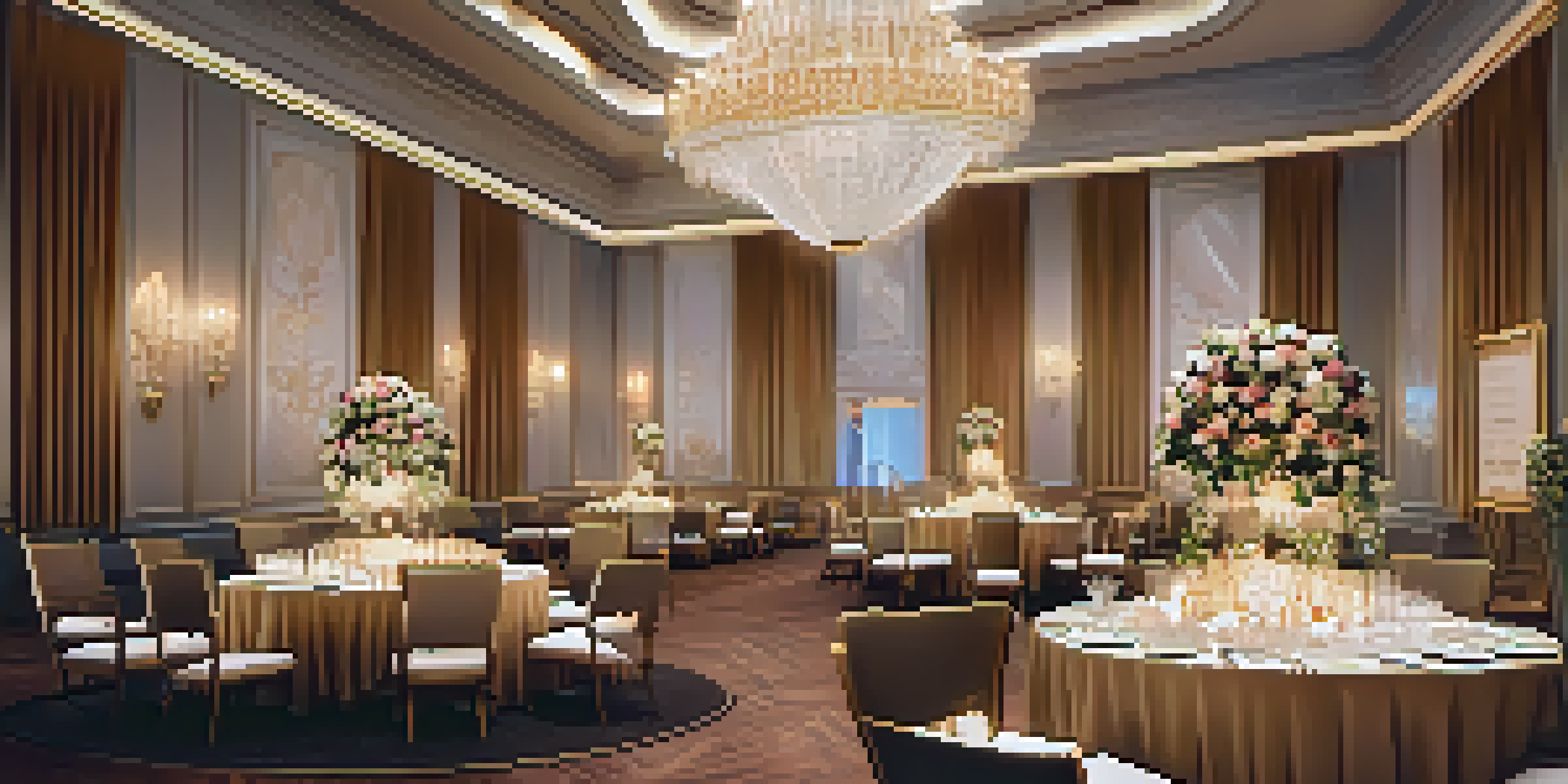 A lavish ballroom decorated for a VVIP event with a chandelier, elegant tables, and soft lighting.