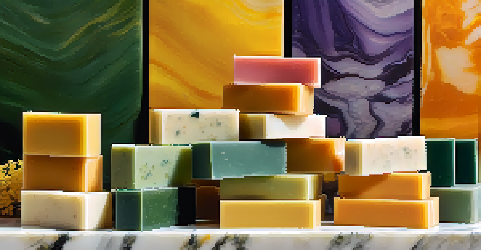 An array of colorful luxury soaps stacked on a marble countertop, surrounded by bowls of essential oils and dried flowers, illuminated by natural light.